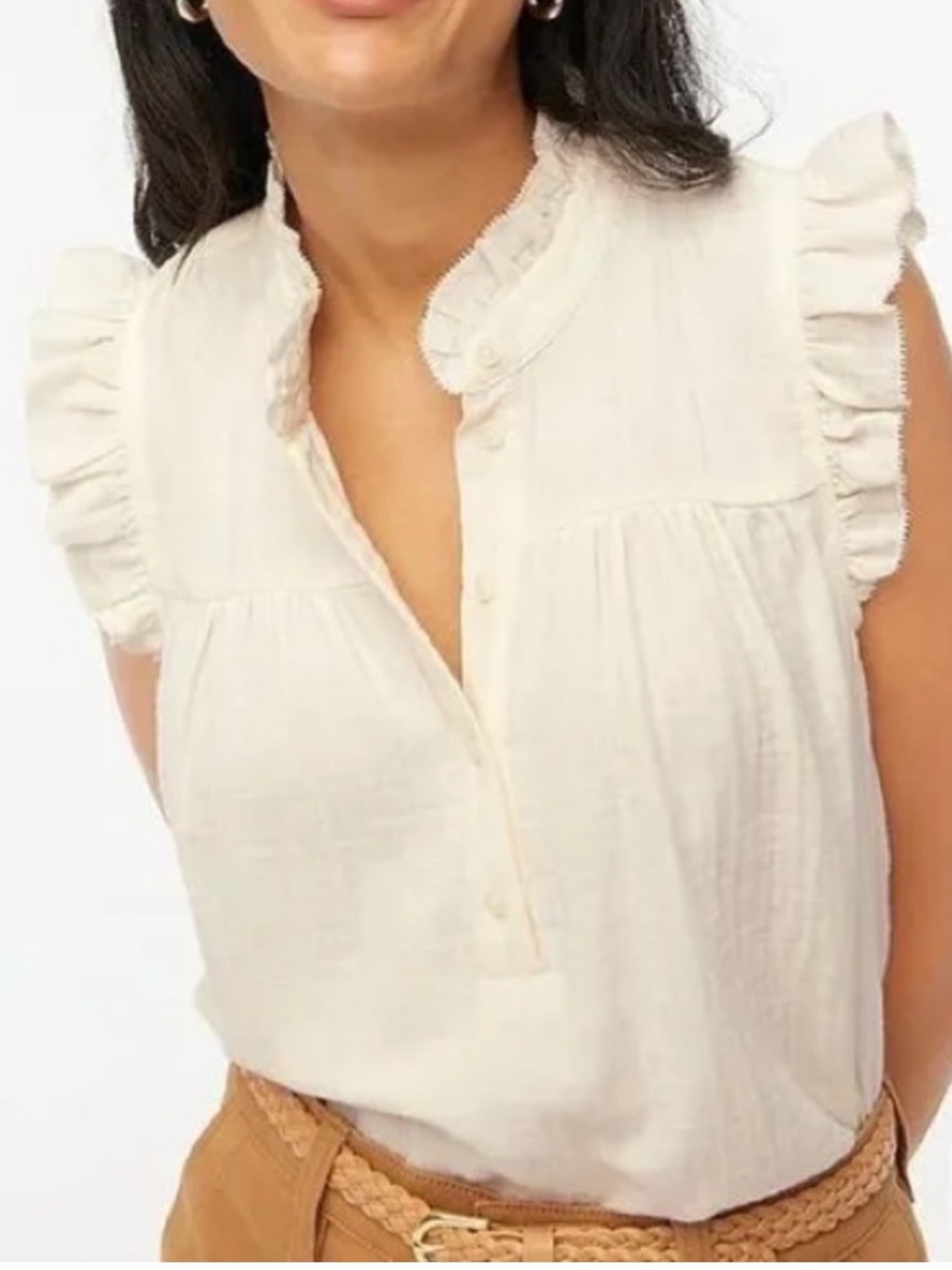 J. Crew Cream Gauze Smocked Ruffleneck Sleeveless Top